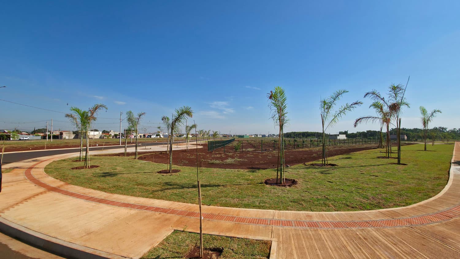 Área com paisagismo no Bella Verona Boulevard em Maio de 2026, com calçada curva, piso tátil vermelho e palmeiras jovens plantadas