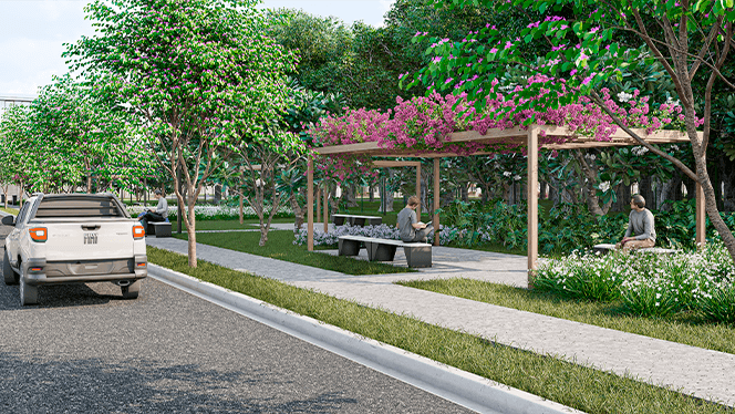 Área de convivência com pergolado e carro na rua